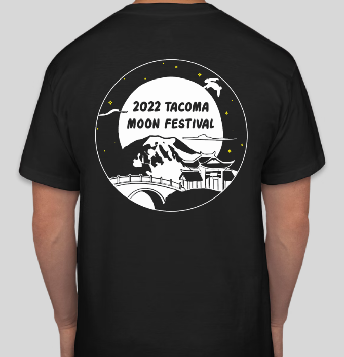 Black shirt with white Tacoma Moon Festival design